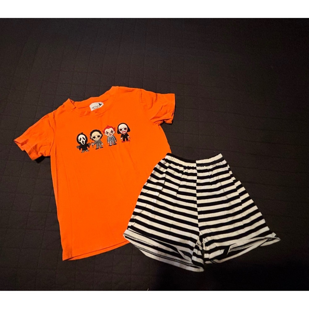 Kids' Halloween Horror Movie Character Graphic Tee and Striped Shorts Set